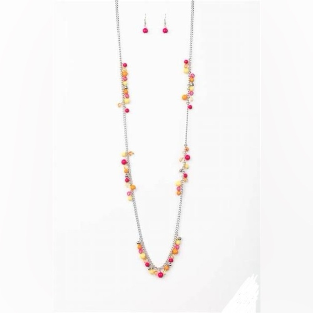 *Long silver and multi colored beads necklace.